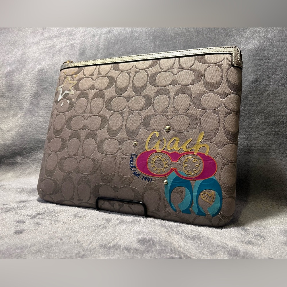 Coach Signature Gray Tablet Sleeve with Blue Accents